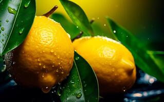 AI generated Top view of fresh lemons with water droplets and green leafs. photo