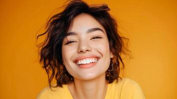 AI generated Studio portrait of woman smiling at the camera over yellow background. photo