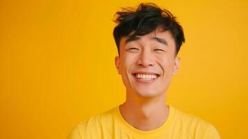 AI generated Asian guy portrait smiling to camera over yellowish background and empty space for text. photo