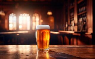 AI generated Fresh glass of beer on bar table with bokeh background and empty space for text. photo