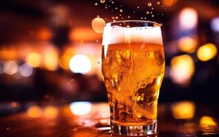 AI generated Fresh glass of beer on bar table with bokeh background and empty space for text. photo