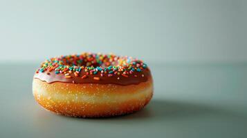 AI generated Sprinkled chocolate donut over gray background. Delicious frosted sprinkled donut isolated. photo