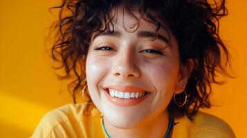 AI generated Studio portrait of woman smiling at the camera over yellow background. photo