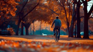 ai generado hombre montando bicicleta en el parque con vacío espacio para texto. foto