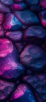 AI generated Abstract wallpaper of dark rocks with blue and purple lights. Futuristic background of dark nature. photo