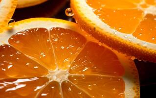 AI generated Close up view of fresh slices of oranges with water droplets over blue background. Studio shot. photo