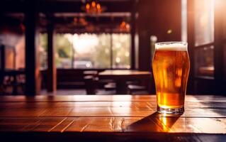 AI generated Fresh glass of beer on bar table with bokeh background and empty space for text. photo