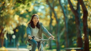 ai generado asiático mujer montando un bicicleta en el parque con vacío espacio para texto. foto