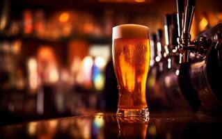 AI generated Fresh glass of beer on bar table with bokeh background and empty space for text. photo