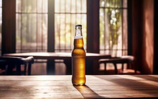 AI generated Generated imaFresh bottle of beer on bar table with bokeh background and empty space for text. Mock up or template bottle of beer.ge photo