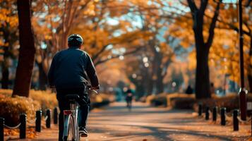 AI generated Man riding bicycle in the park with empty space for text. photo