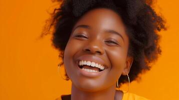 AI generated Studio portrait of black woman smiling at the camera over yellow background. photo