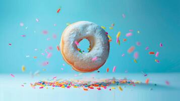 AI generated Sprinkled and floating sugar donut over blue background. Delicious frosted sprinkled donut isolated. photo