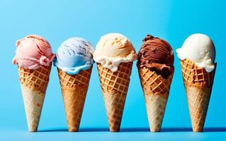 AI generated Ice cream cones of chocolate, vanilla, strawberrie and blueberries over blue background with empty space for text. photo