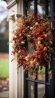 AI generated Autumn wreath decoration, autumn holiday season in the English countryside style, botanical autumnal decor photo