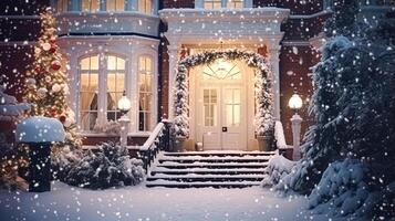 AI generated Christmas in the countryside manor, English country house mansion decorated for holidays on a snowy winter evening with snow and holiday lights, Merry Christmas and Happy Holidays photo