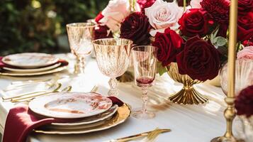 AI generated Wedding and event celebration tablescape with flowers, formal dinner table setting with roses and wine, elegant floral table decor for dinner party and holiday decoration, home styling photo