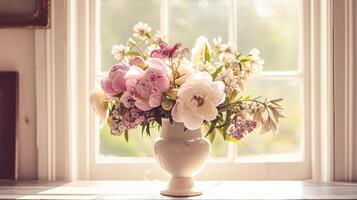 AI generated Spring flowers in vintage vase, beautiful floral arrangement, home decor, wedding and florist design photo