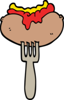 perrito caliente de dibujos animados de estilo garabato dibujado a mano con mostaza y ketchup en tenedor png