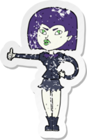 retro distressed sticker of a cartoon vampire girl giving thumbs up png