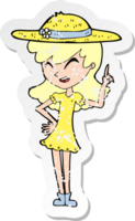 retro distressed sticker of a cartoon woman wearing summer hat png