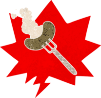 cartoon sausage on fork and speech bubble in retro textured style png