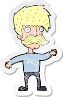retro distressed sticker of a cartoon man with mustache waving png
