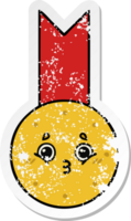 distressed sticker of a cute cartoon gold medal png