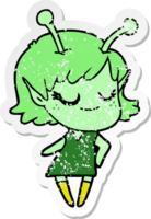 distressed sticker of a smiling alien girl cartoon png