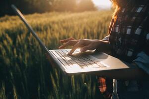 Smart farm. Farmer with tablet in the field. Agriculture, gardening or ecology concept. Harvesting. Agro business. photo