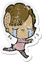 distressed sticker of a cartoon crying girl running away png