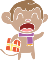 singe de dessin animé de style couleur plat criant portant un cadeau de noël png