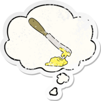 cartoon knife spreading butter and thought bubble as a distressed worn sticker png