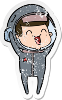 distressed sticker of a happy cartoon astronaut png