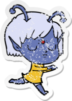 distressed sticker of a cartoon alien girl png