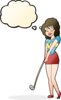 mujer de dibujos animados jugando al golf con burbuja de pensamiento png