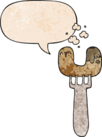 cartoon sausage on fork and speech bubble in retro texture style png