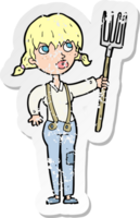 retro distressed sticker of a cartoon farmer girl png