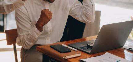 Entrepreneurs and business people conference in modern meeting room, happy multiracial coworkers have fun cooperating working together at office meeting, asian teamwork concept photo