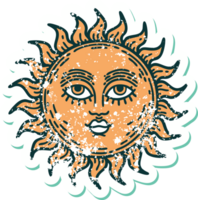 distressed sticker tattoo style icon of a sun with face png