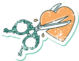 distressed sticker tattoo style icon of scissors cutting a heart png