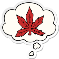cartoon marihuanablad en gedachte bel als een gedrukte sticker png