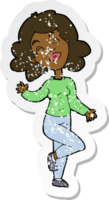 retro distressed sticker of a cartoon happy woman dancing png