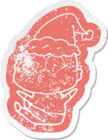 cartoon distressed sticker of a bald man staring wearing santa hat png