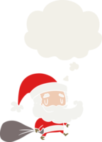 cartone animato babbo natale con sacco e bolla di pensiero in stile retrò png