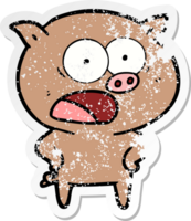 distressed sticker of a cartoon pig shouting png