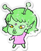 pegatina angustiada de una linda chica alienígena de dibujos animados png