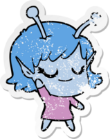 distressed sticker of a smiling alien girl cartoon png