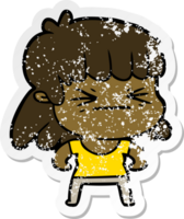 distressed sticker of a cartoon angry girl png