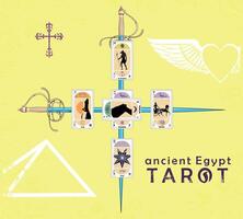 Ancient Egyptian Tarot. Design of several tarot cards next to two crossed ancient swords on a yellowish background. vector